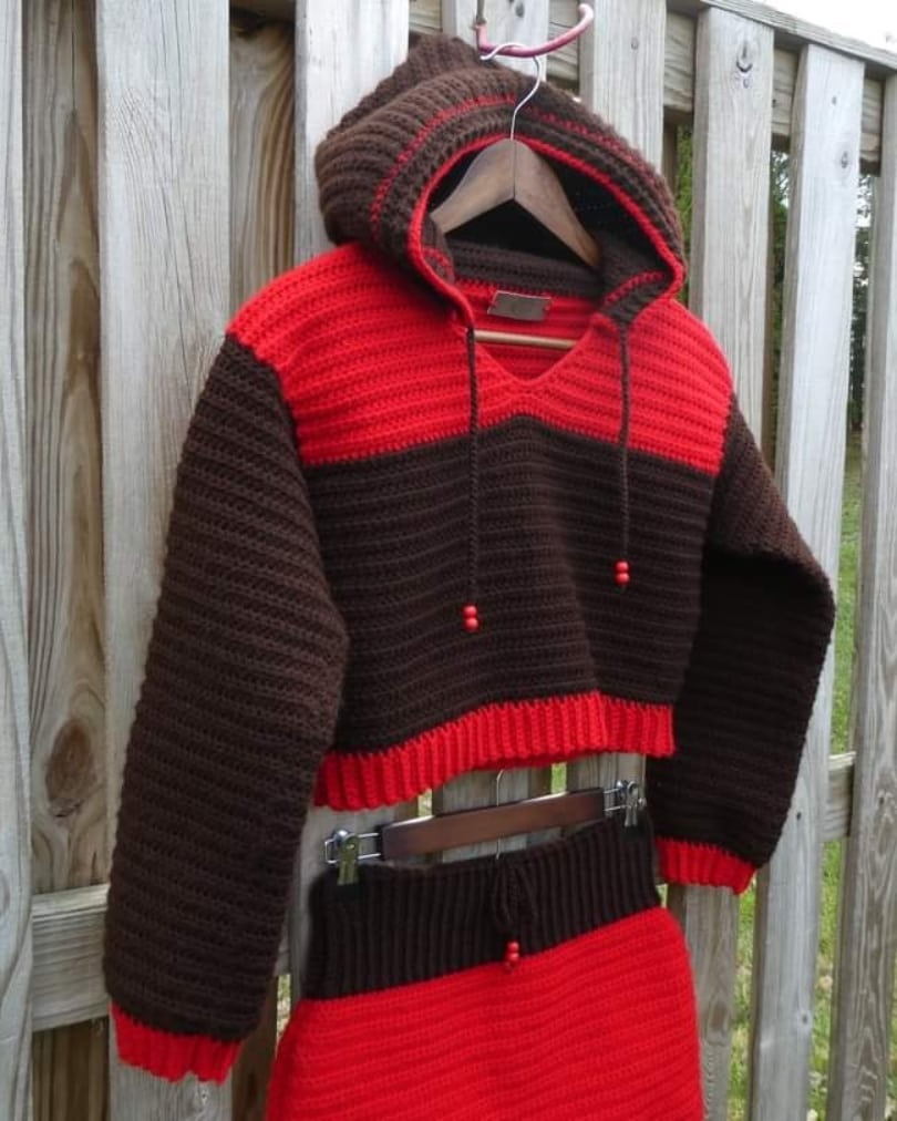 Chocolate Rose Cropped Crochet Hoodie Sweater & Skirt Set Adult Size S/M