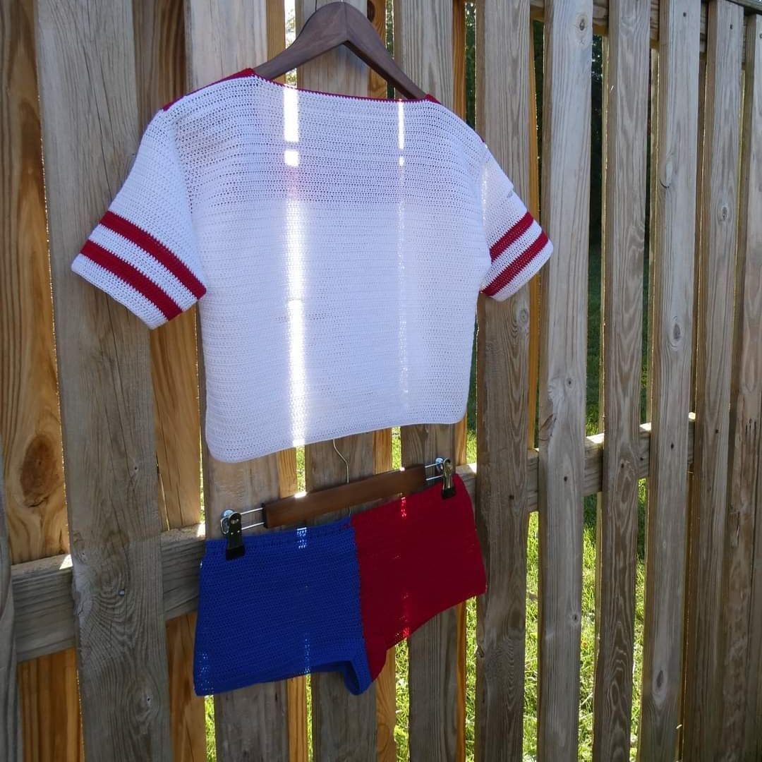 Crochet Thread Harley Quinn Cropped T-Shirt & Short Set Adult Size S/M