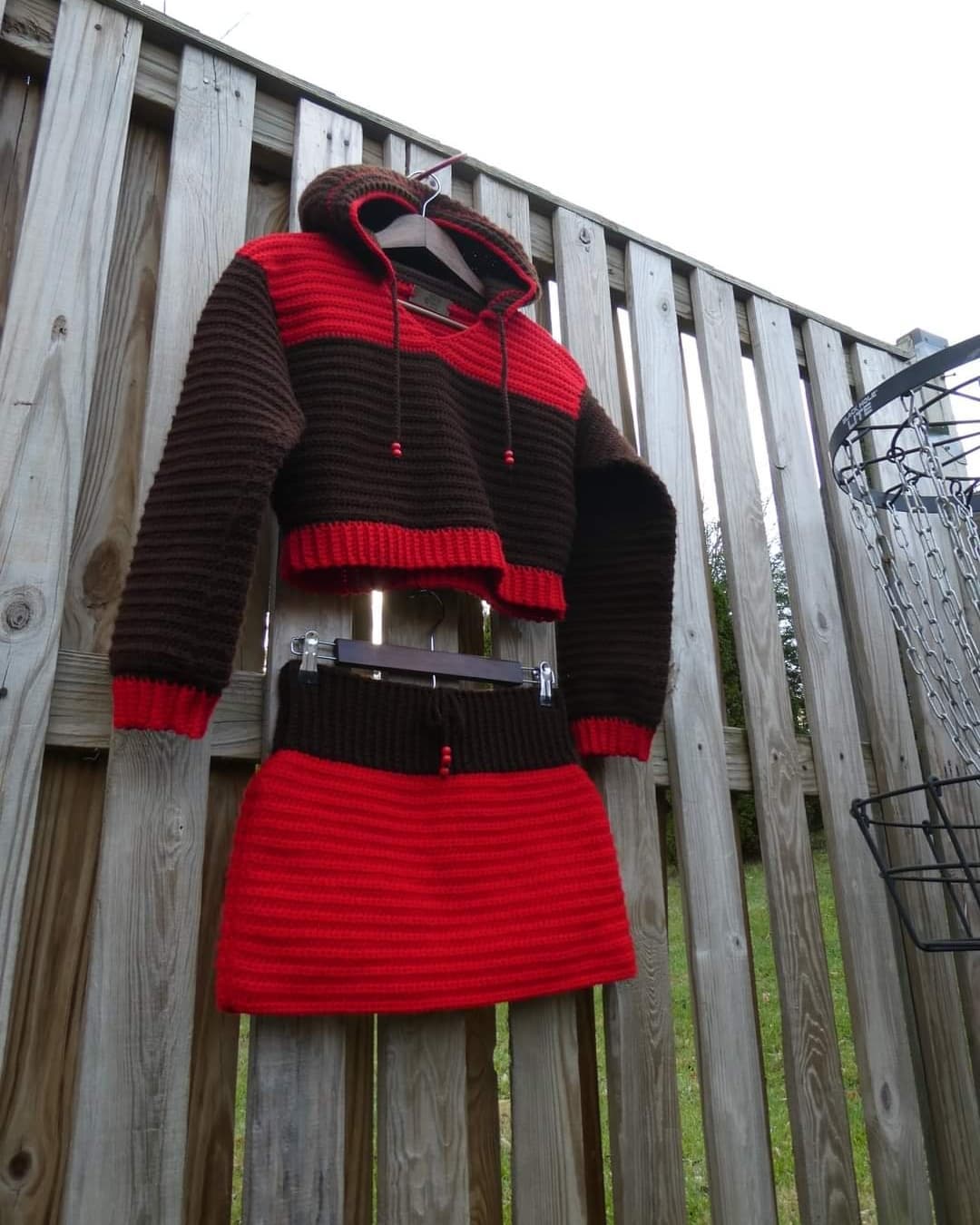 Chocolate Rose Cropped Crochet Hoodie Sweater & Skirt Set Adult Size S/M