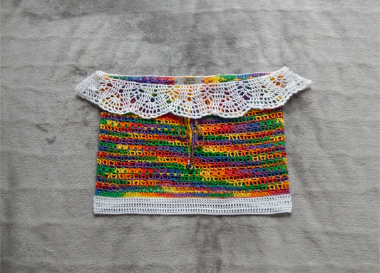 crochet thread rainbow white trim front tie cropped tube top adult size small