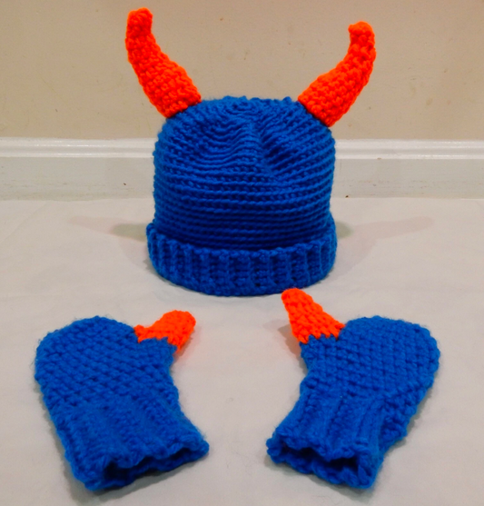 mitten monster beanie toddler set blue orange crochet