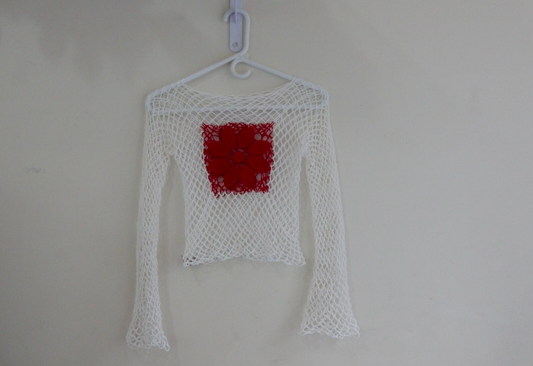 crochet thread white red fishnet long sleeve crop top adult size small