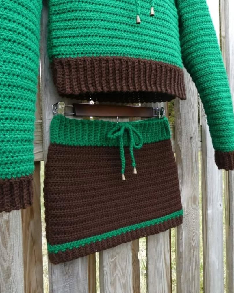 Evergreen Tree Hoodie Crochet Sweater & Skirt Set Adult Size Small