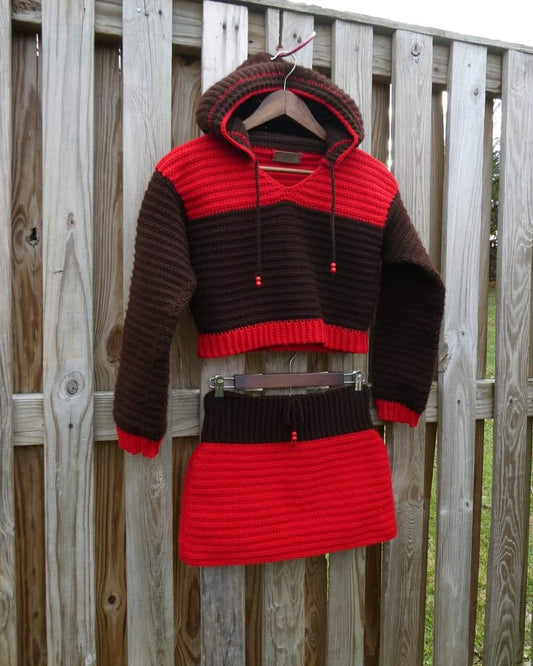 Chocolate Rose Cropped Crochet Hoodie Sweater & Skirt Set Adult Size S/M