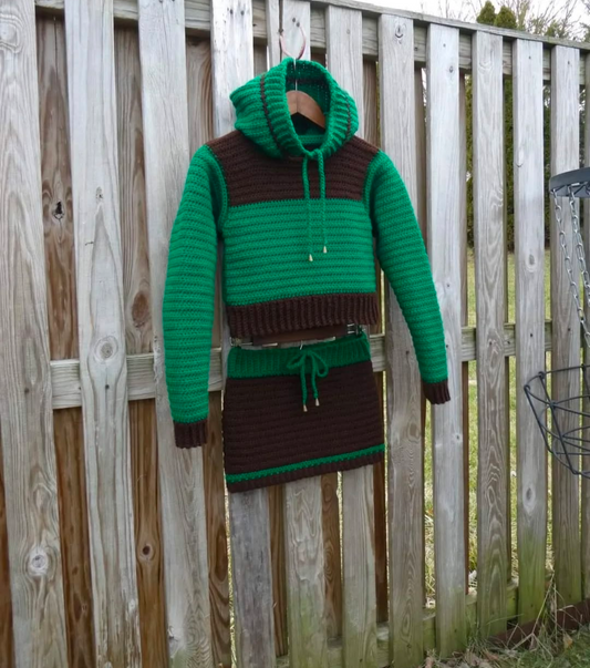 Evergreen Tree Hoodie Crochet Sweater & Skirt Set Adult Size Small