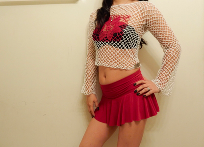 crochet thread white red fishnet long sleeve crop top adult size small