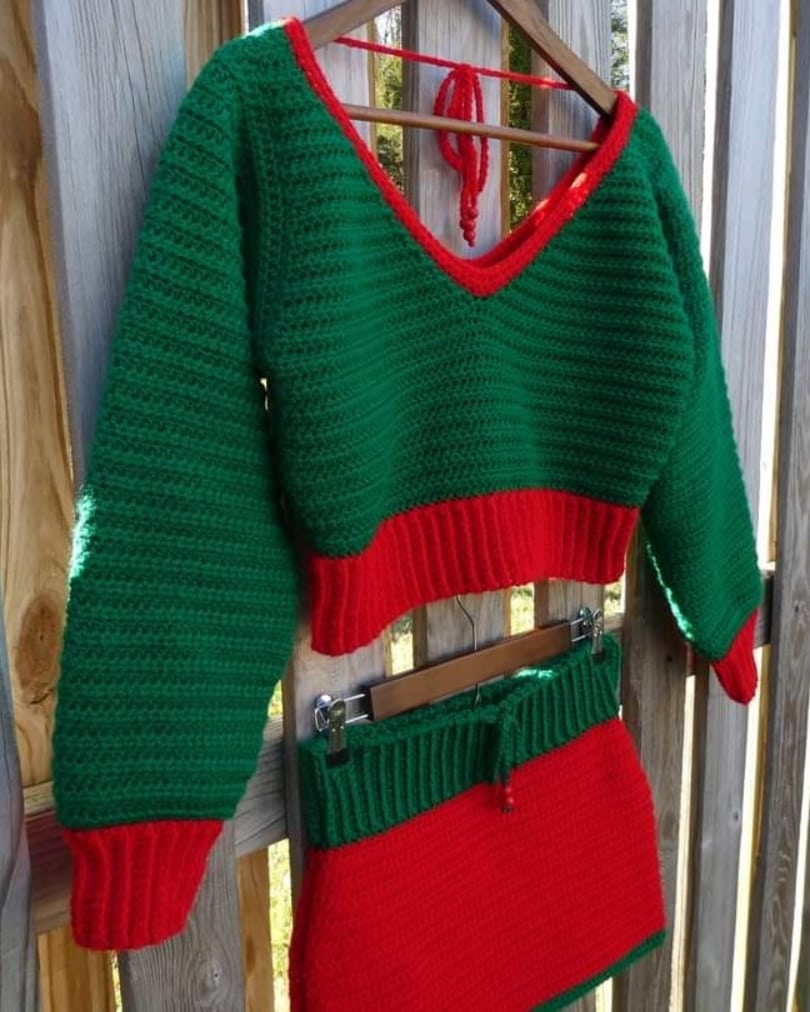 Elf Cropped Crochet Sweater & Skirt Set Adult Size S/M