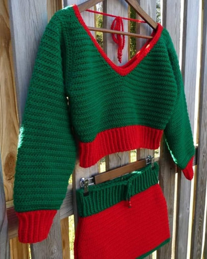 Elf Cropped Crochet Sweater & Skirt Set Adult Size S/M